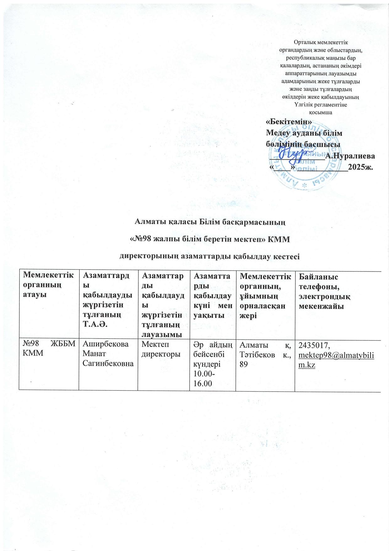 Мектеп басшысының қабылдау кестесі